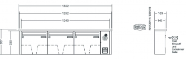 RENZ Briefkastenanlage Aufputz, Tetro, Edelstahl V4A, Kastenformat 370x330x145mm, mit Klingel - & Lichttaster und Vorbereitung Gegensprechanlage, 3-teilig